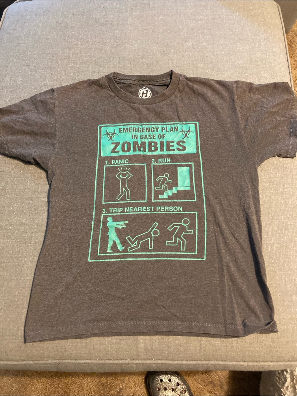 Hybrid Gray Tee with Green Zombie Emergency Plan Graphic